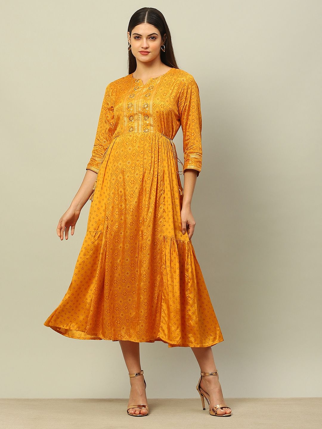 

Rangriti Ethnic Motifs Printed Midi Dress, Mustard