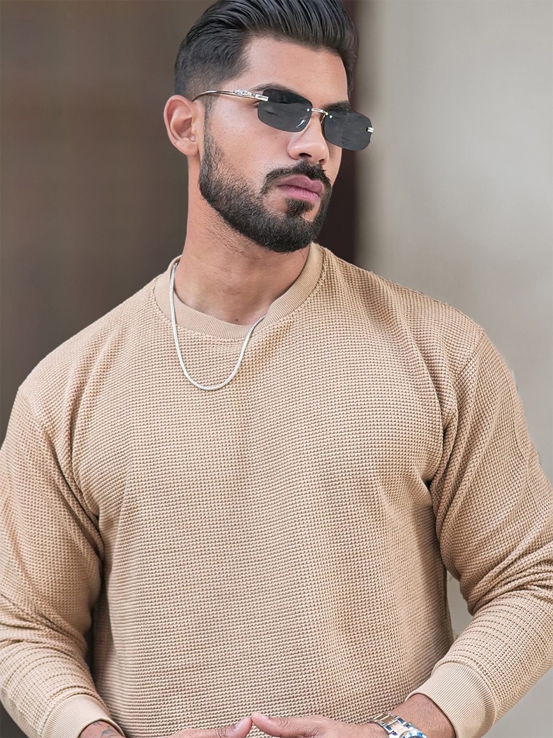 

Maniac Men Textured Round Neck Long Sleeves Sweatshirt, Beige