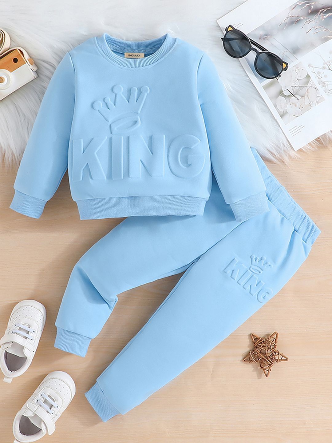 

INCLUD Boys Self Design Round Neck Long Sleeves Sweatshirt With Jogger, Blue