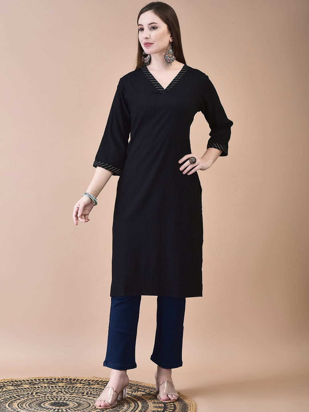 

Shree Striped Woven Design V-Neck Kurta, Black