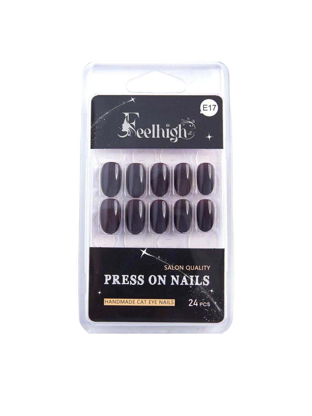 

FEELHIGH Set Of 24 Handmade Press On Cat Eye Salon Quality Reusable Nails - E-17, Black