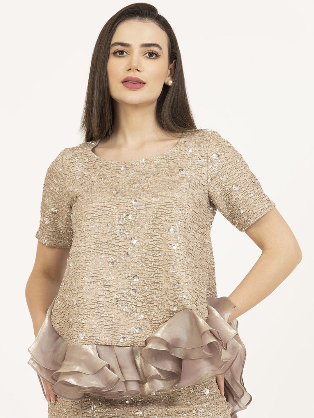 

OFFICE & YOU Women Embellished Satin Peplum Top, Beige