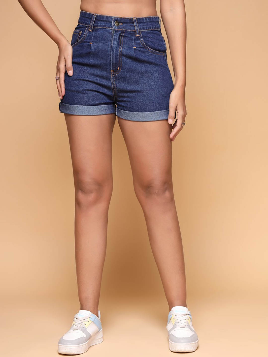 

KATLINE Women Stretchable Denim Shorts, Blue