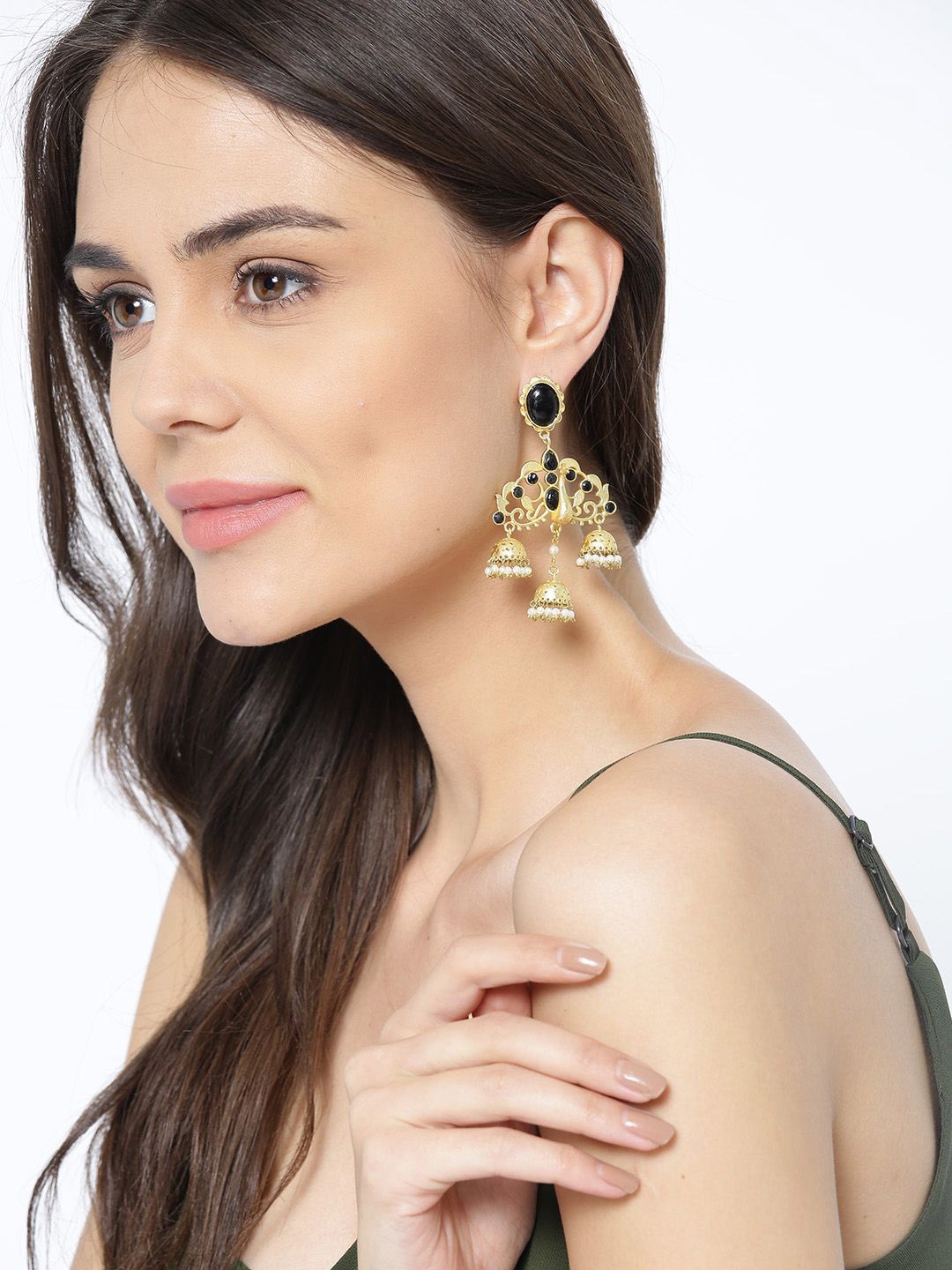 

Anouk Black Gold-Plated Stone Studded & Beaded Peacock Shaped Drop Earrings