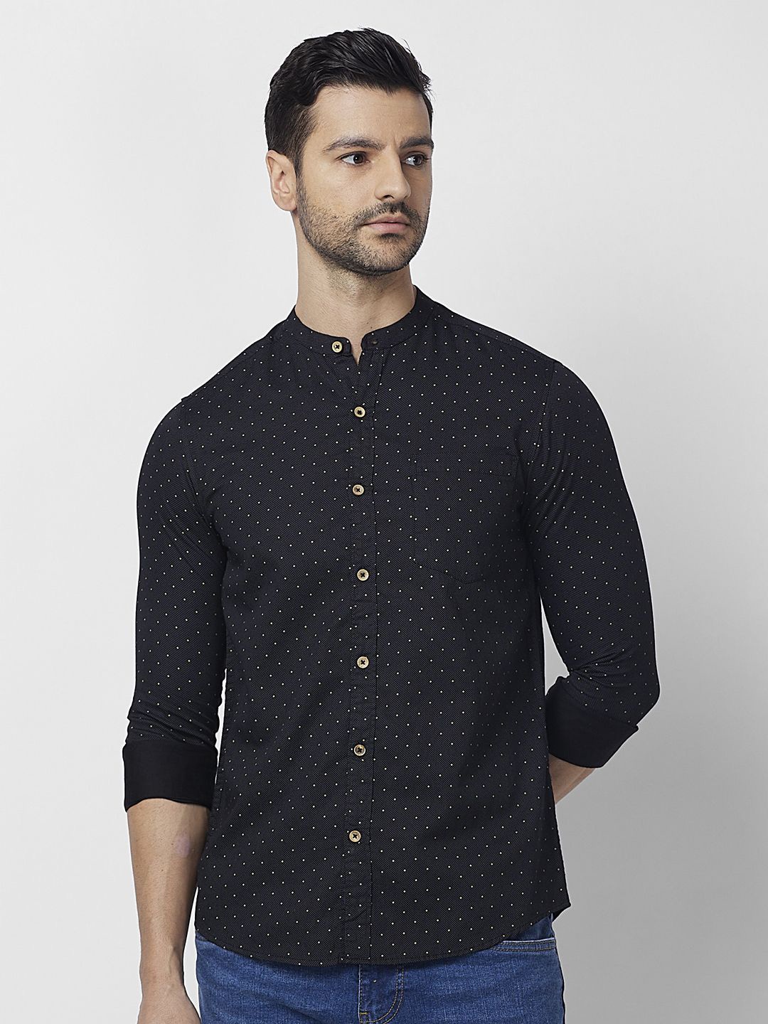 

SNX Men Band Collar Micro Ditsy Printed Cotton Casual Shirt, Black