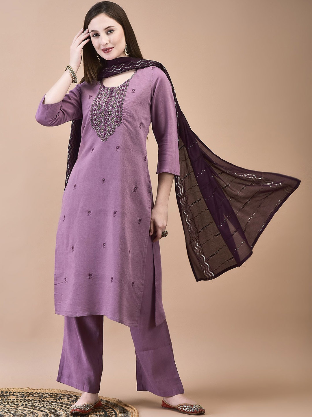 

Shree Floral Embroidered Regular Liva Straight Kurta With Trouser With Dupatta, Purple