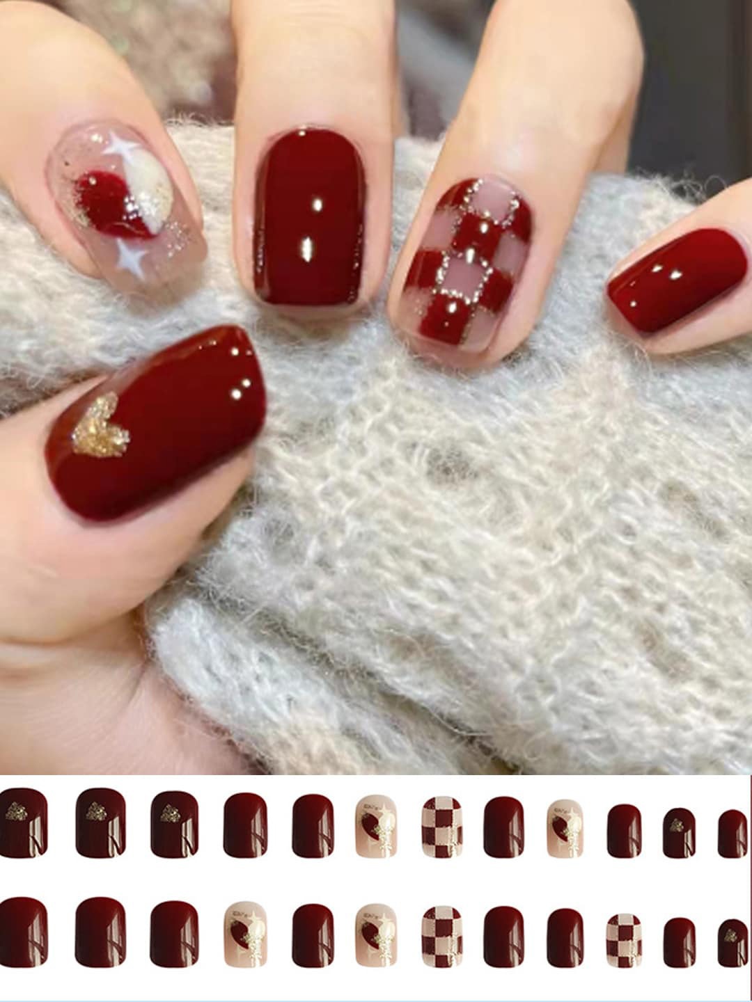 

Secret Lives 24 Pieces of Red Check Nail Tips - Maroon & Off-White