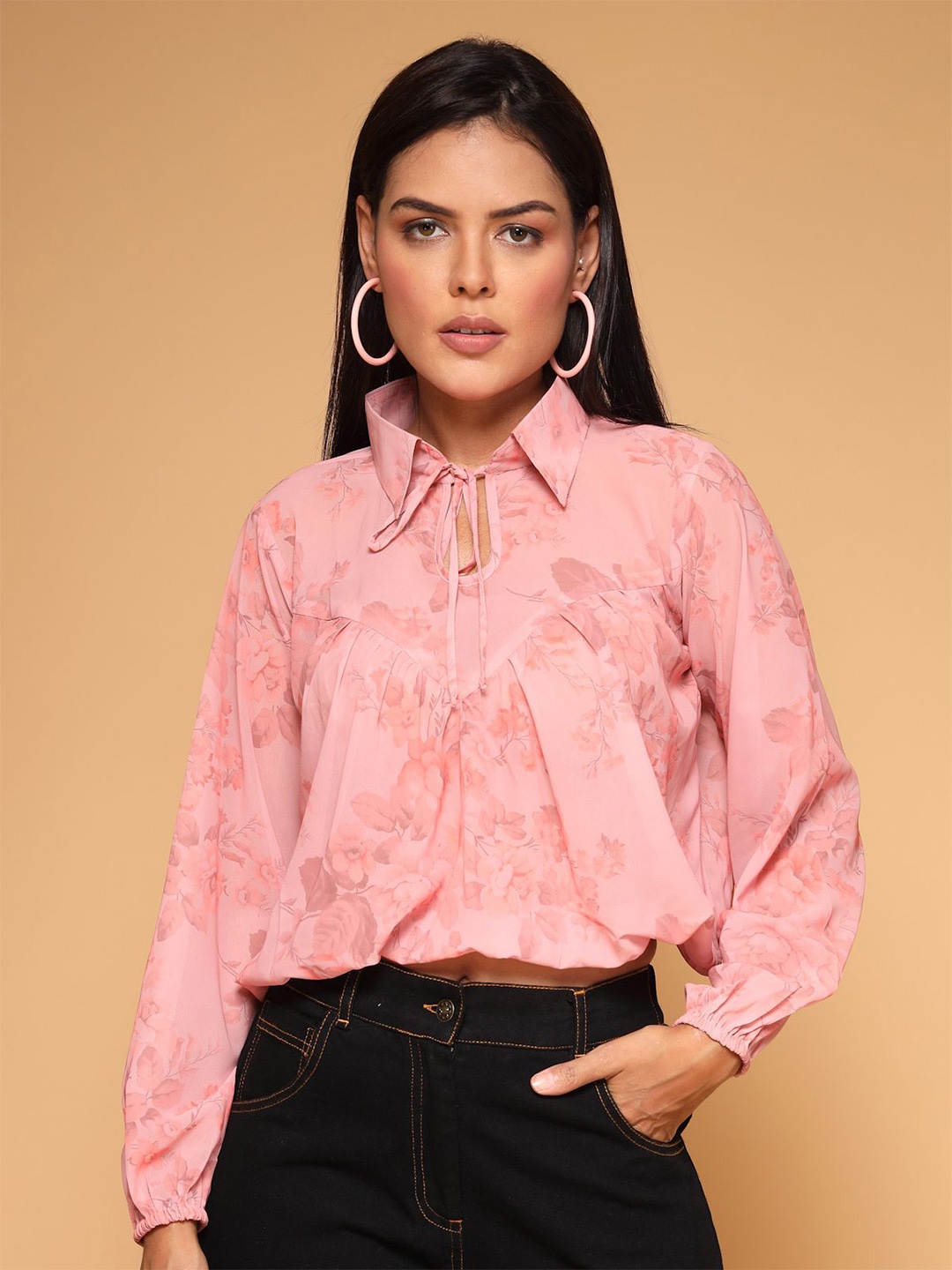 

KATLINE Women Floral Printed Crepe Top, Peach