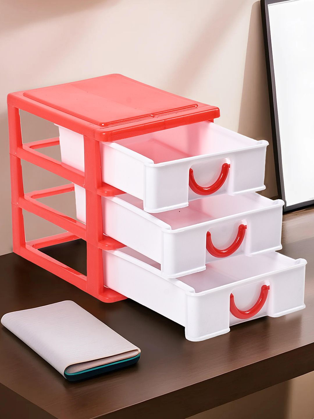 

Kuber Industries White & Red Reusable 3-Tier Drawer Organiser