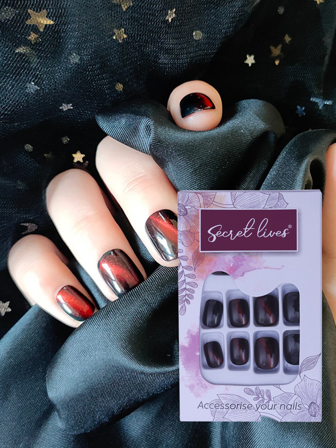 

Secret Lives 24 Pcs Short Square Cats Eye Fake Nails - Black & Red
