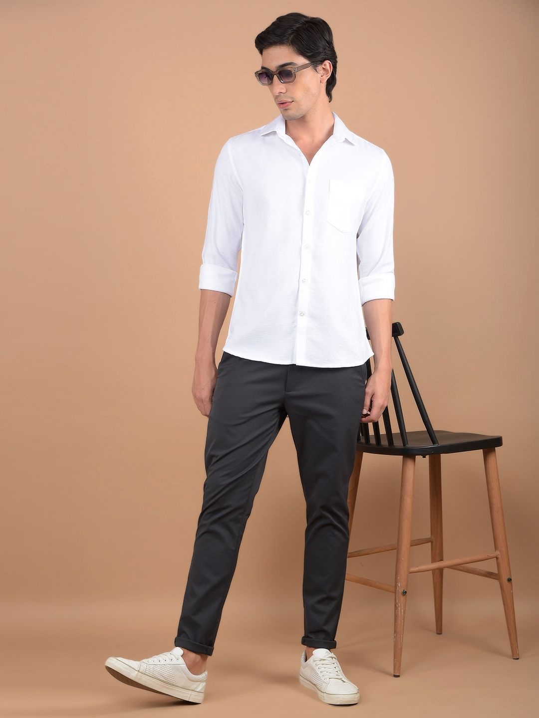 

Crimsoune Club Men Spread Collar Solid Cotton Slim Fit Casual Shirt, Off white