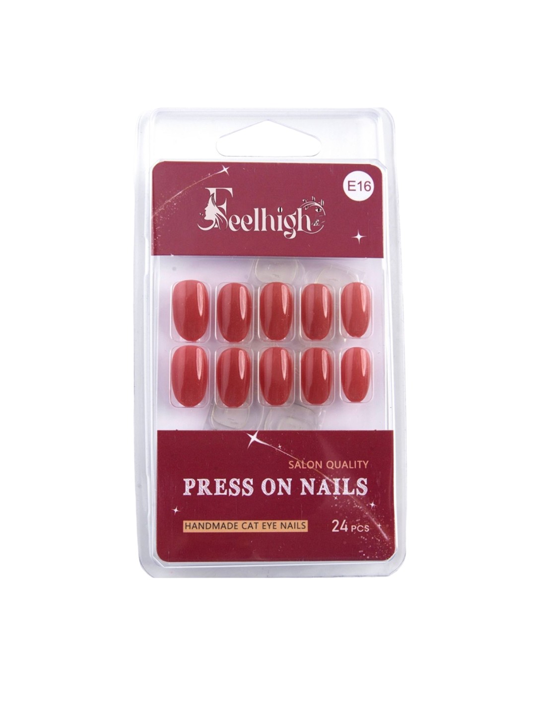 

FEELHIGH Set Of 24 Press On Cat Eye Reusable Artificial Nails - E-16, Red