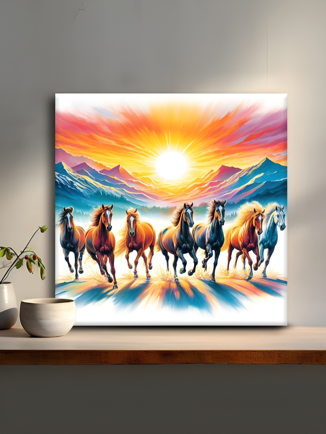 

OLIVE TREE White & Blue Horses Canvas Painting Wall Art