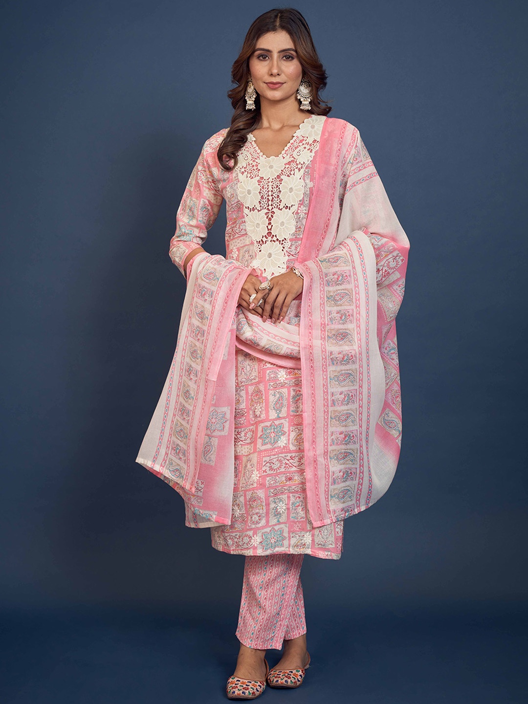 

Anouk Pink Floral Printed V-Neck Pure Cotton Straight Kurta With Trousers & Dupatta