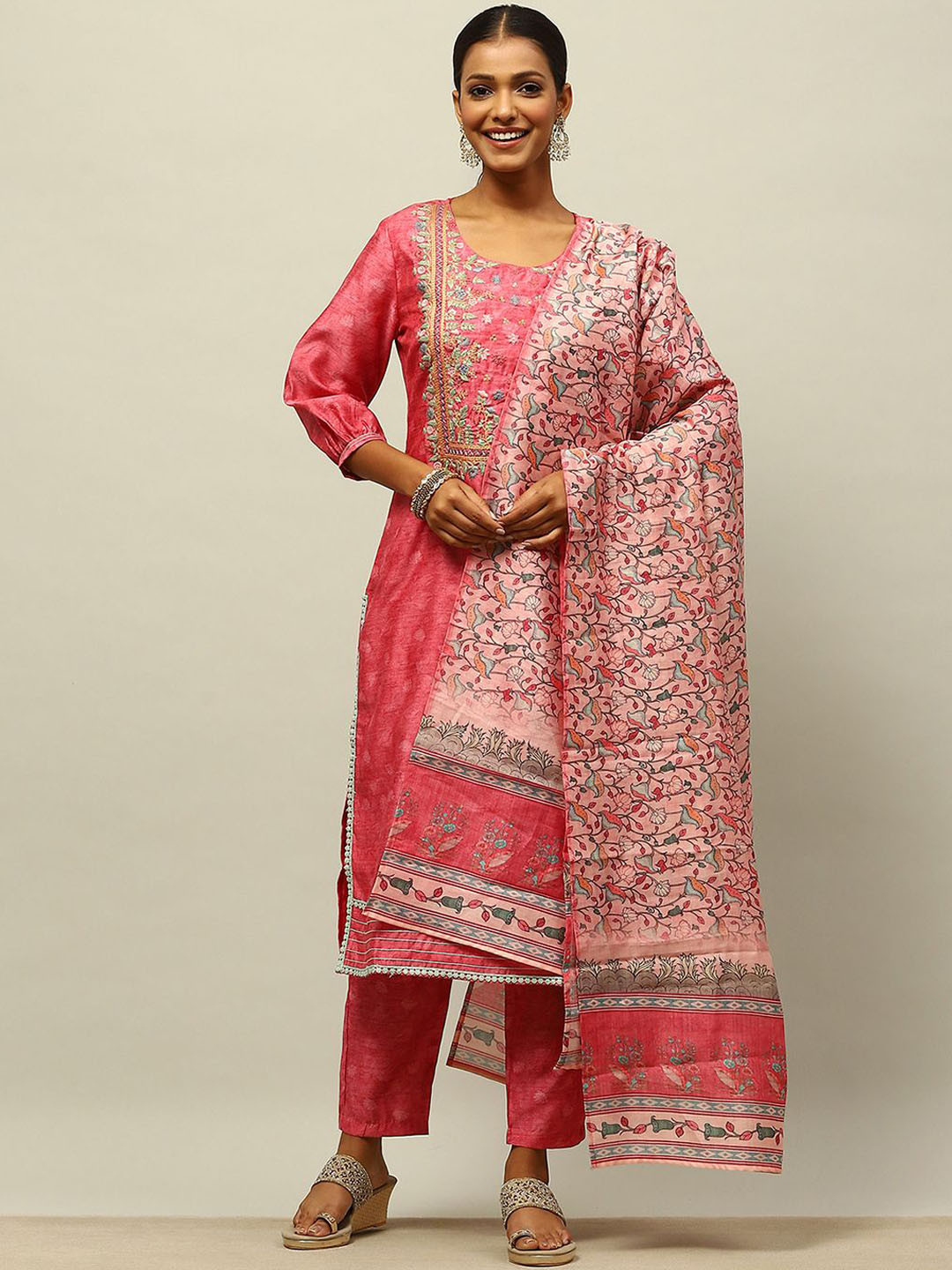 

Rangriti Floral Embroidered Beads and Stones Straight Kurta With Trousers & Dupatta, Pink