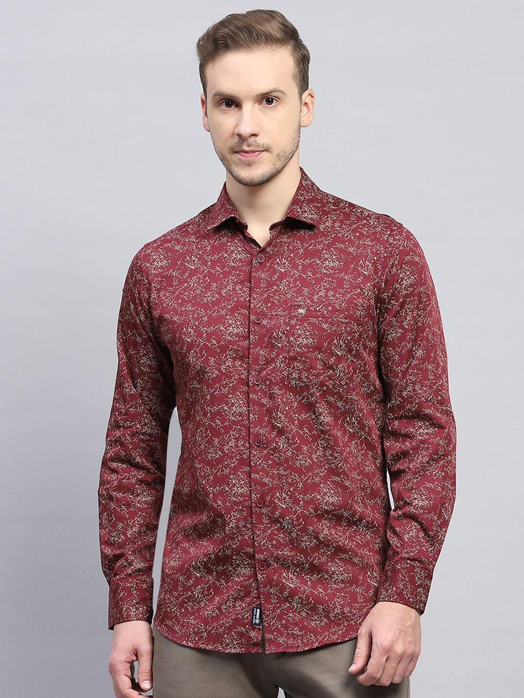 

Monte Carlo Men Spread Collar Floral Printed Cotton Casual Shirt, Maroon