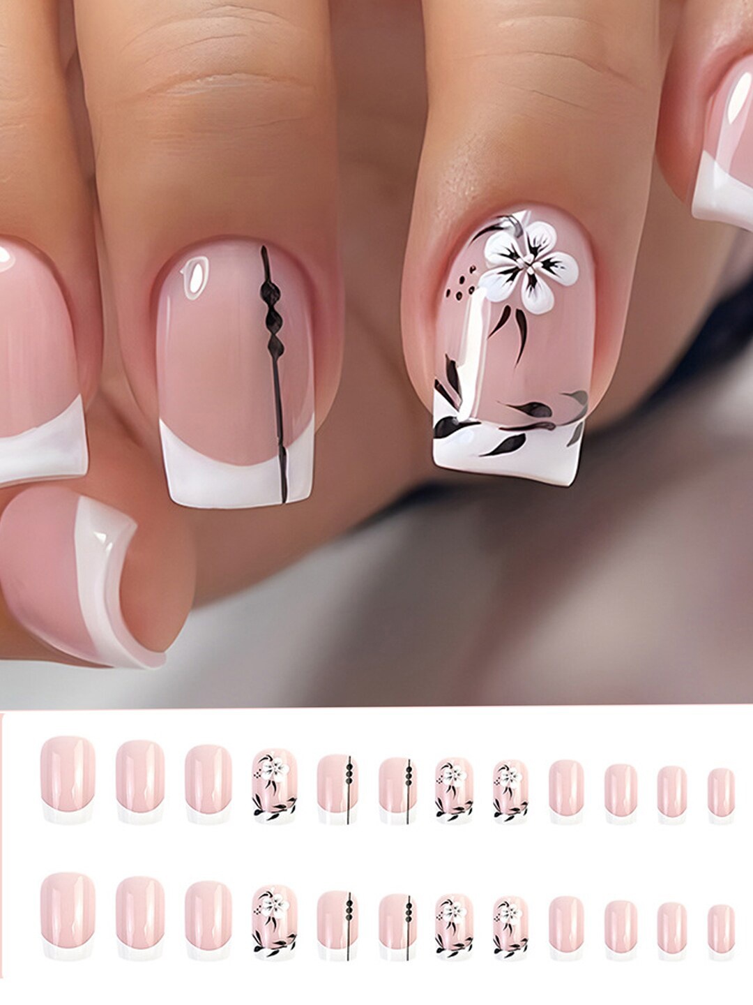 

Secret Lives 24 Pieces French Flower Leaves Nail Extensions - Pink & White
