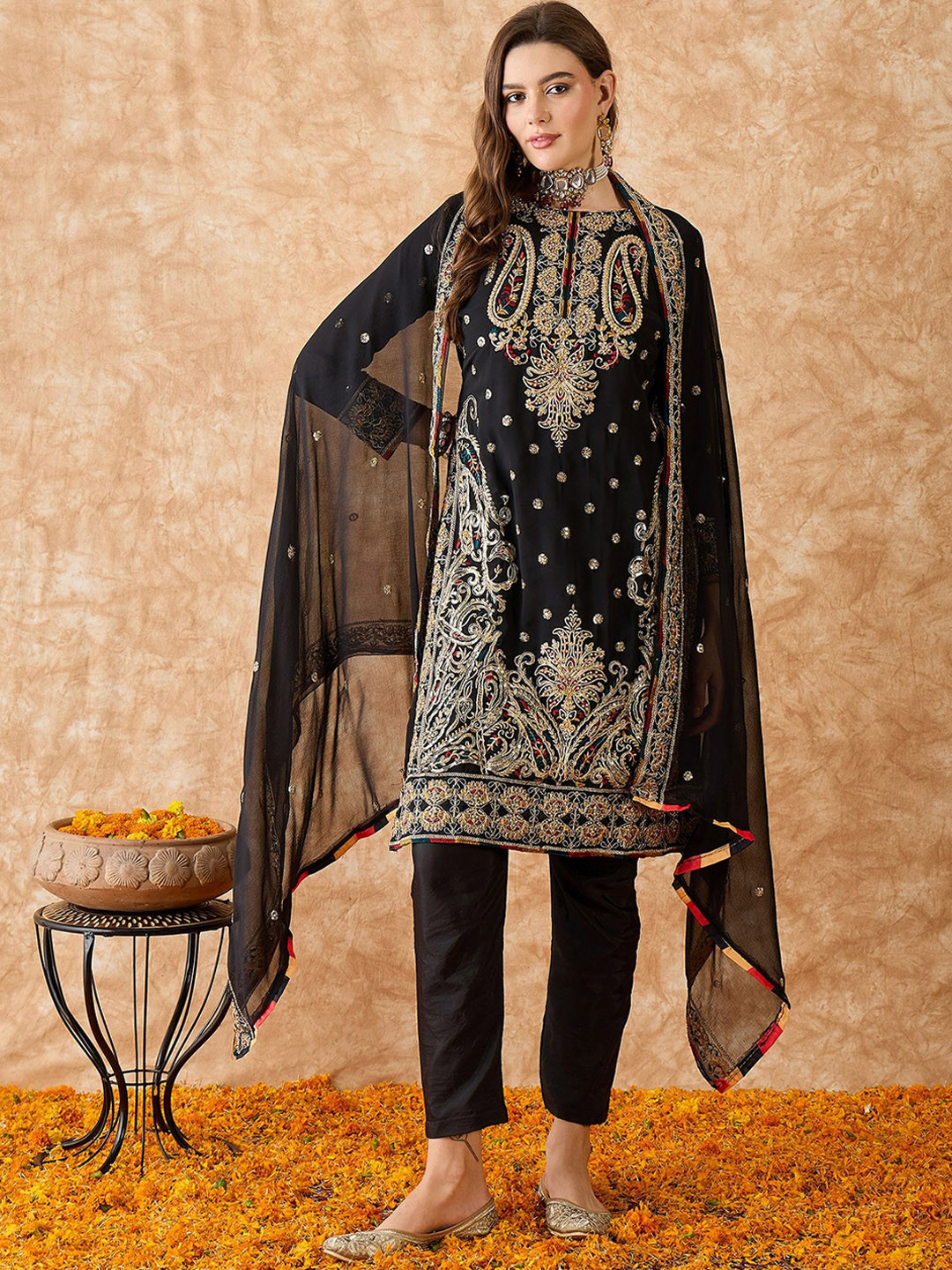 

KALINI Paisley Embroidered Beads and Stones Silk Georgette Semi-Stitched Dress Material, Black
