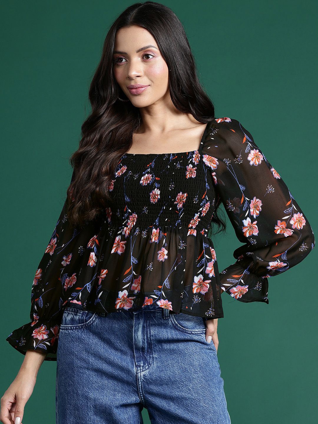 

Deewa Women Floral Printed Puff Sleeve Georgette Casual Top, Black