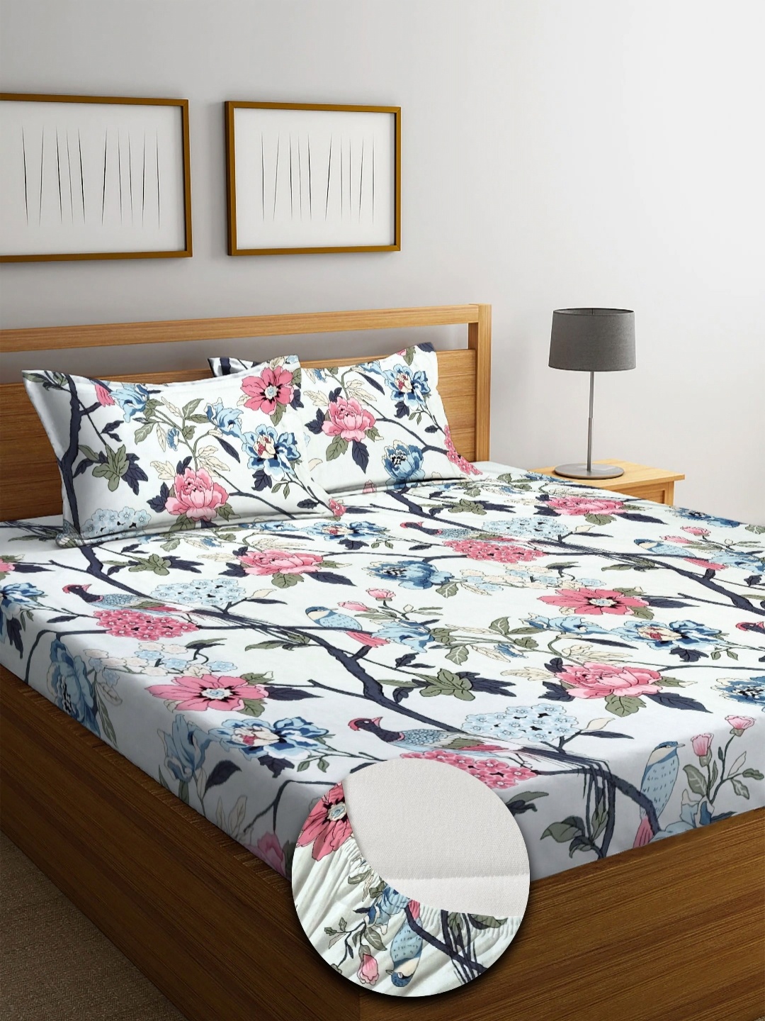 

Aura White & Pink Floral 210 TC King Bedsheet with 2 Pillow Covers