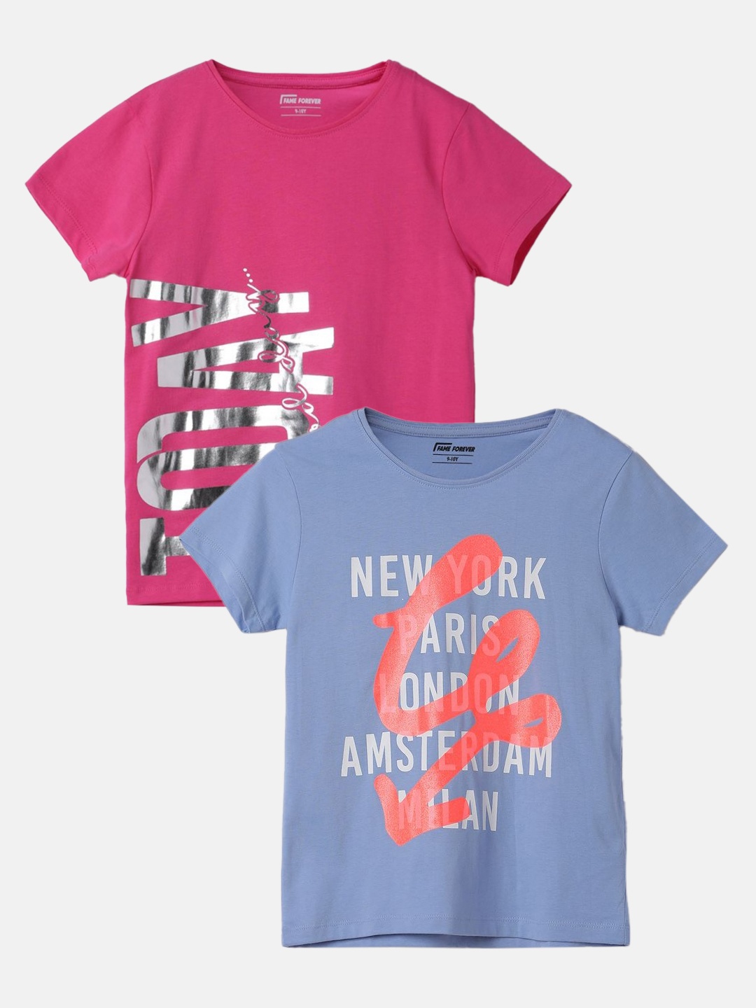 

Fame Forever by Lifestyle Girls Pack of 2 Typography Printed Round Neck Cotton T-shirt, Blue