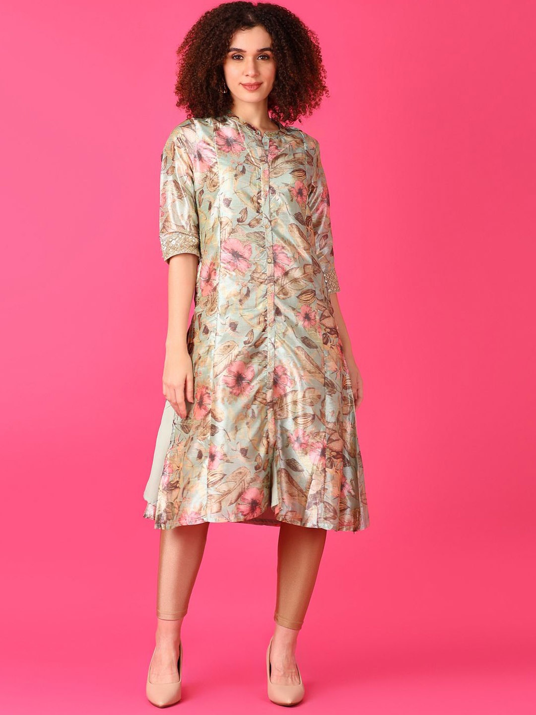 

V-Mart Floral Printed Band Collar Cotton Straight Kurta, Green