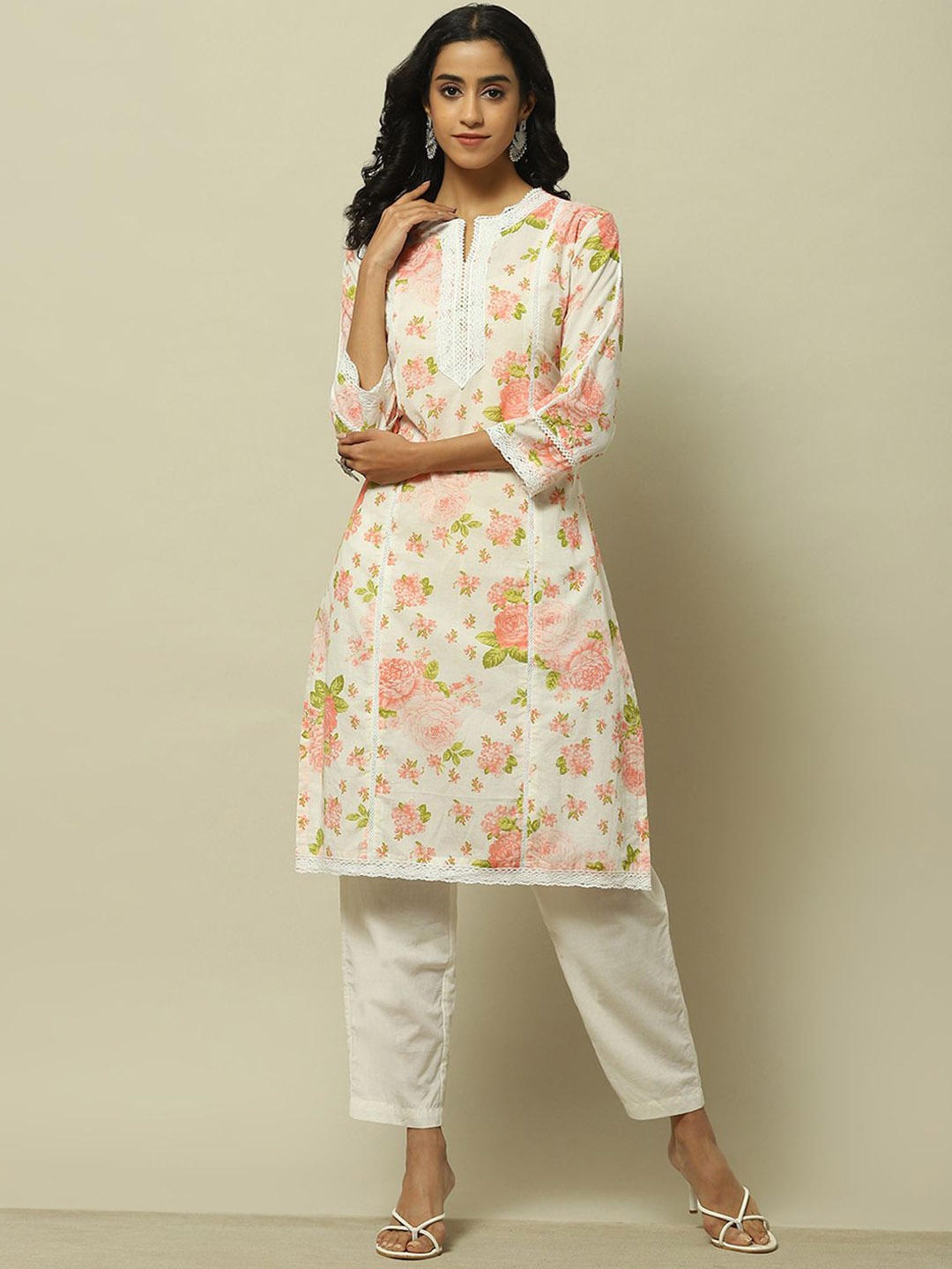 

Rangriti Floral Printed Pure Cotton Straight Kurta With Trousers, White