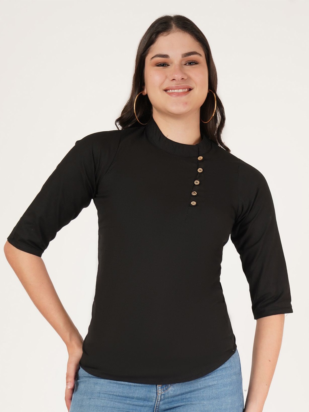 

Brownverse Women Mandarin Solid Collar Cotton Top, Black