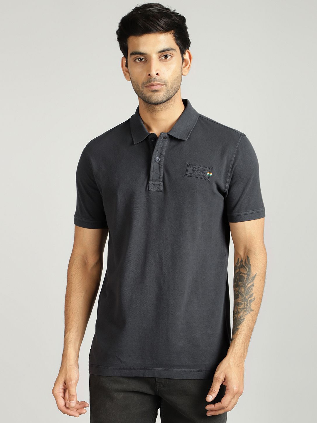 

Royal Enfield Men Solid Polo Collar Cotton T-shirt, Grey