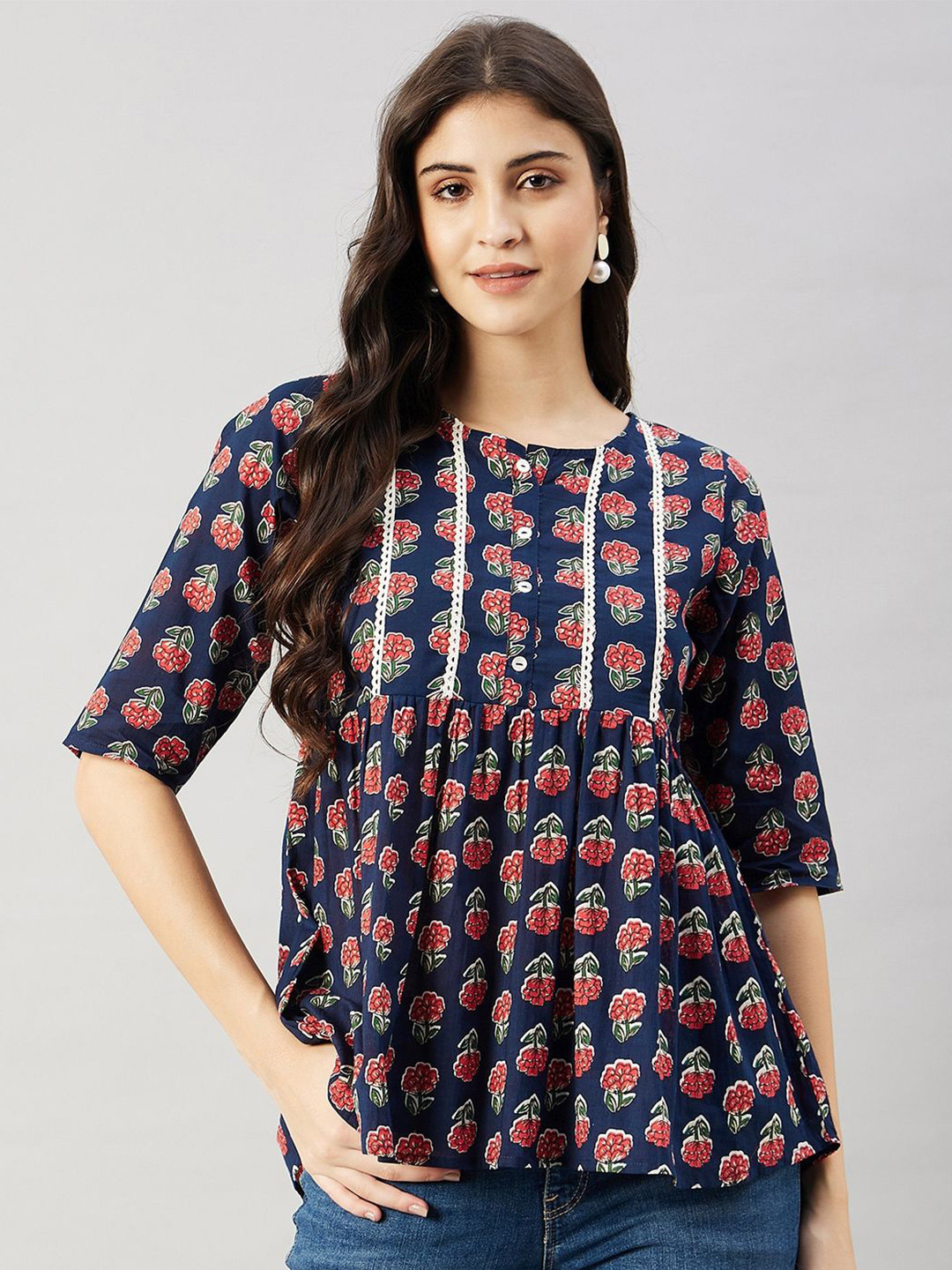 

WineRed Women Floral Printed Peplum Top, Blue