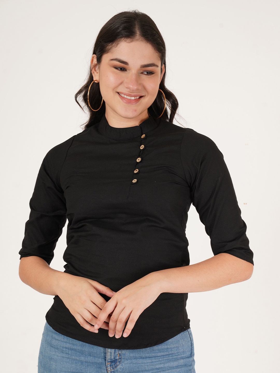 

Brownverse Women Mandarin Collar Cotton Top, Black