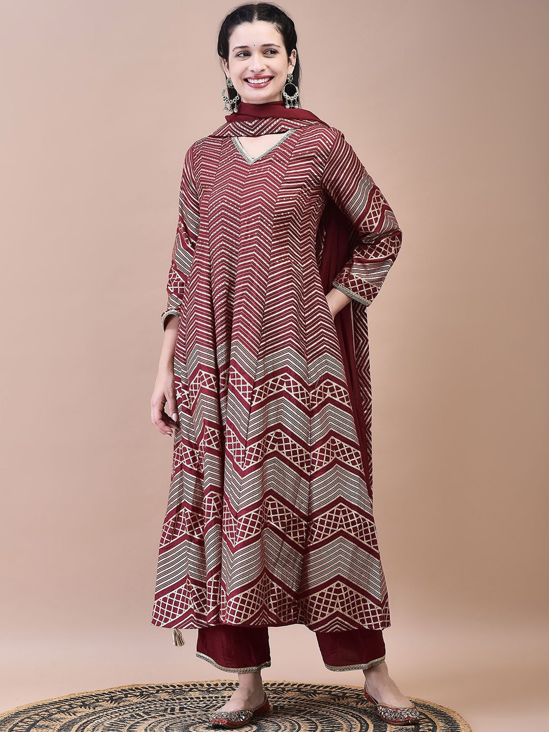 

Shree Chevron Printed Panelled Sequinned Liva A-Line Kurta With Trouser With Dupatta, Maroon