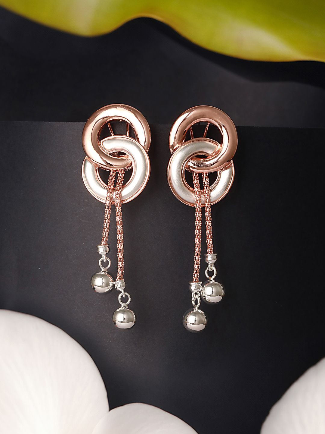 

SARAF TRENDZ Stainless Steel Rose Gold-Plated American Diamond Studded Drop Earrings