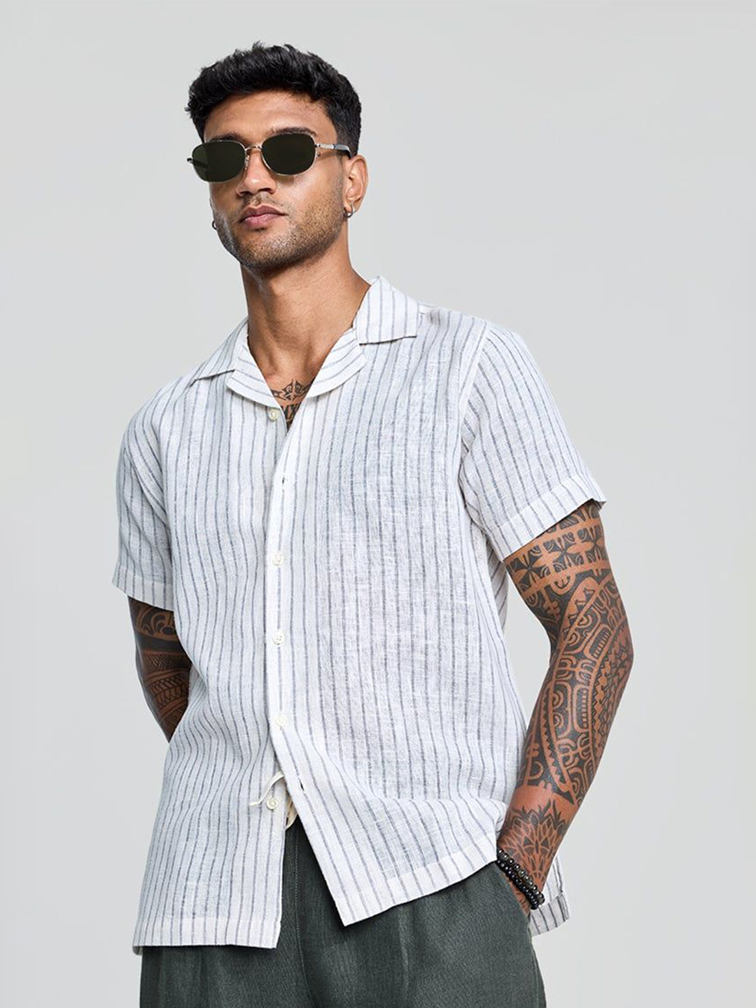 

Snitch Men Smart Cuban Collar Vertical Striped Casual Shirt, Grey