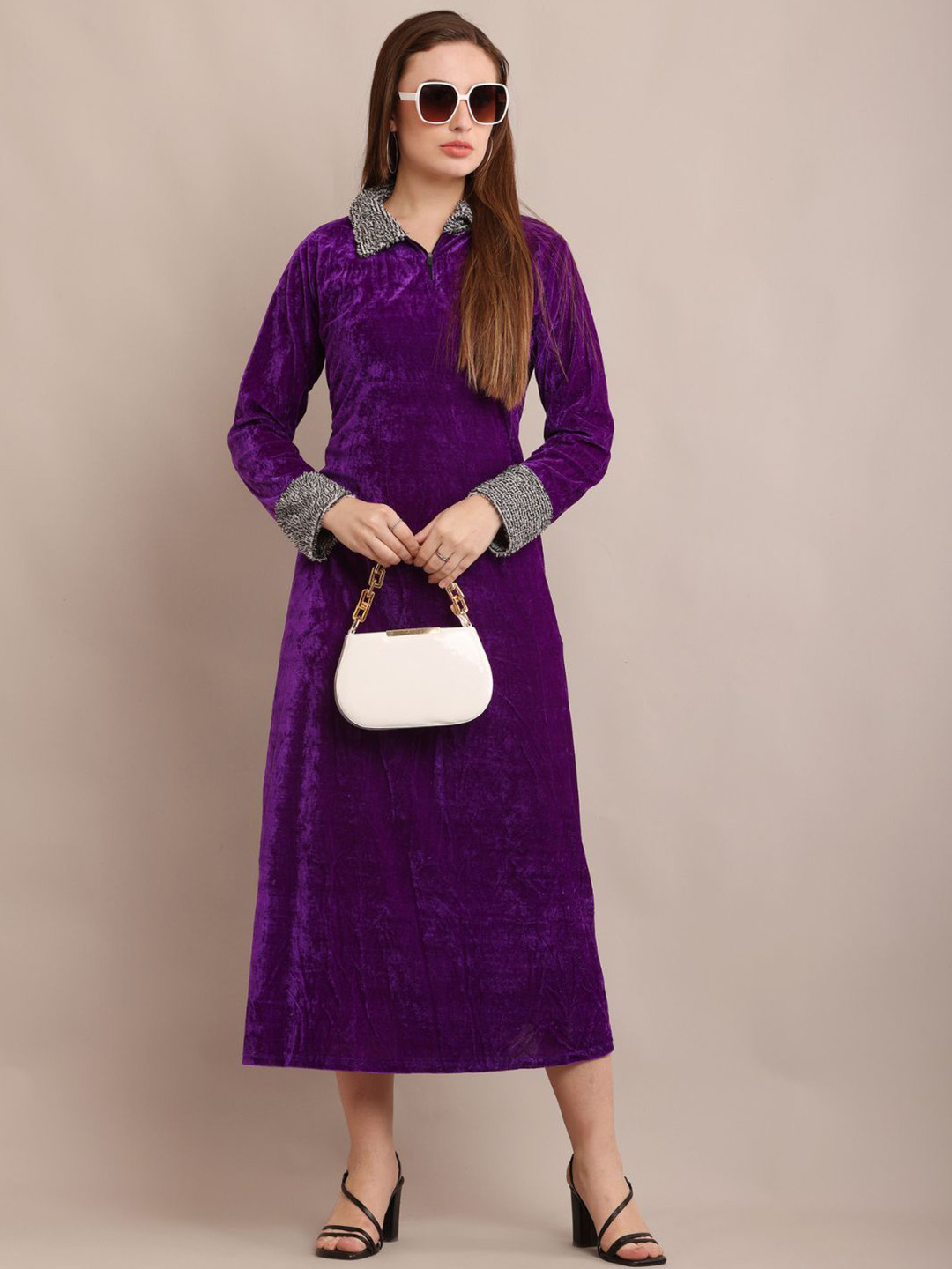 

Raabta Fashion Women Shirt Collar Cotton Maxi Midi Dress, Purple