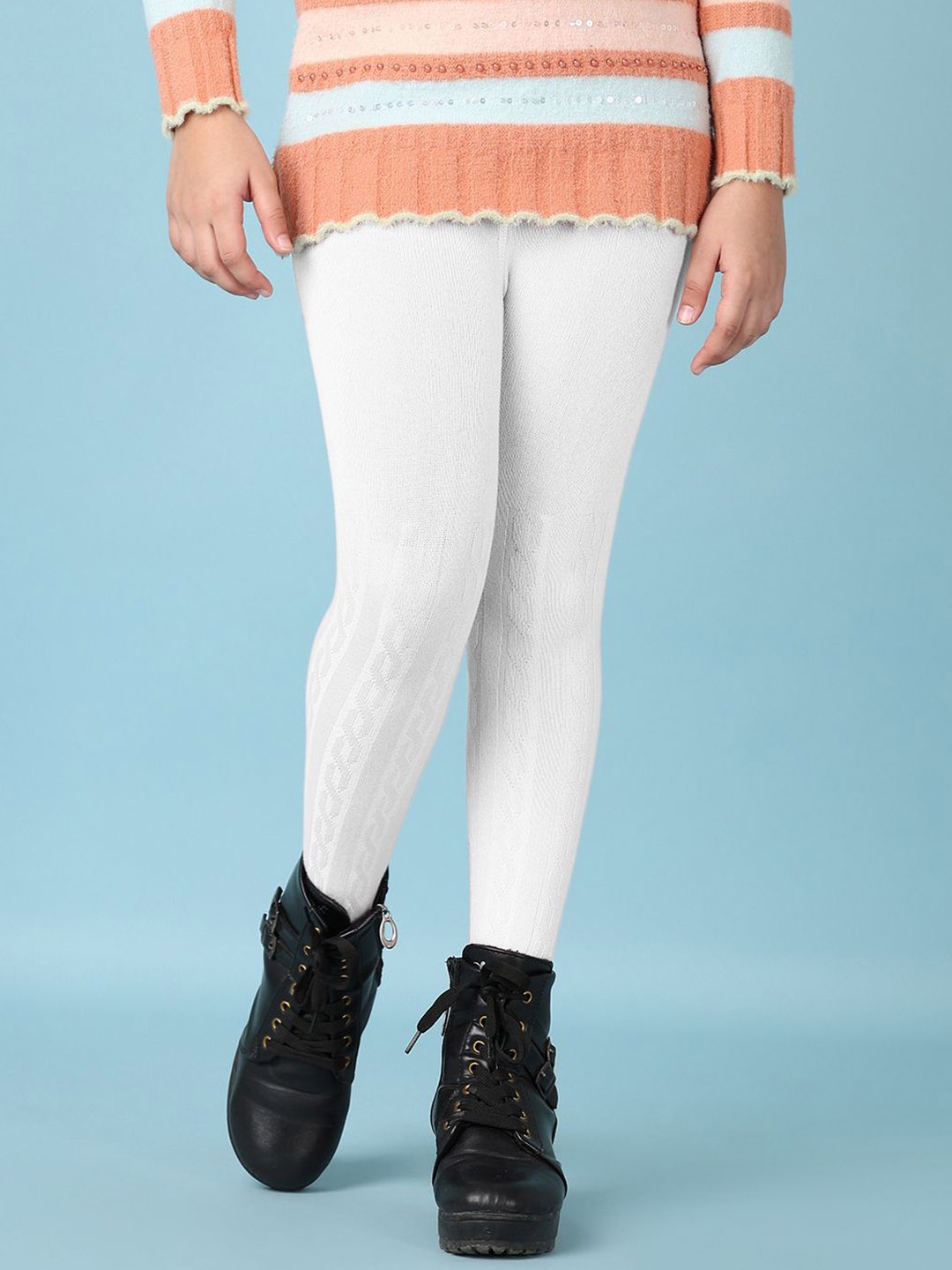 

V-Mart Girls Self-Design Cotton Ankle-Length Leggings, White