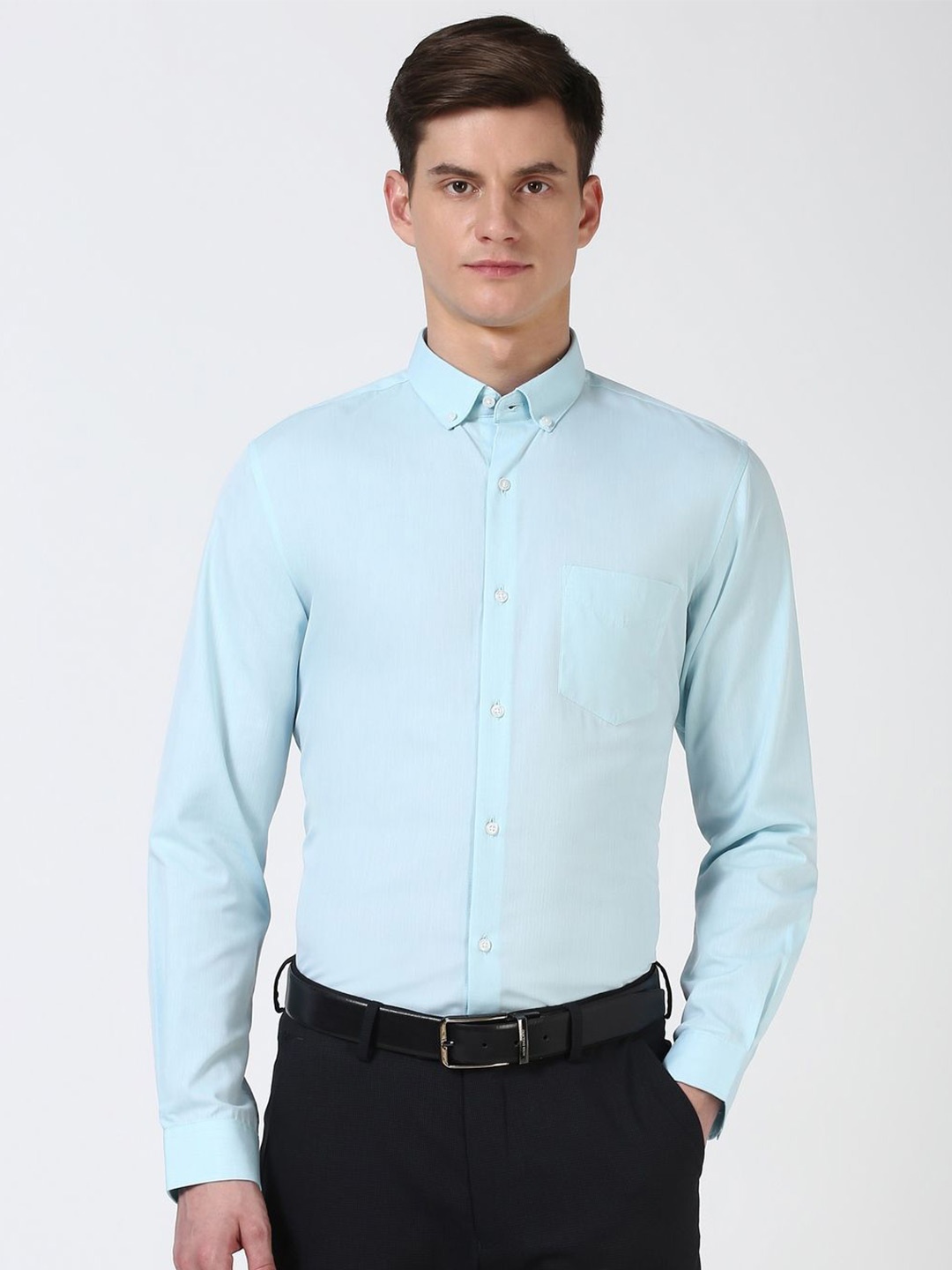 

Peter England Men Button-Down Collar Solid Cotton Slim Fit Casual Shirt, Blue