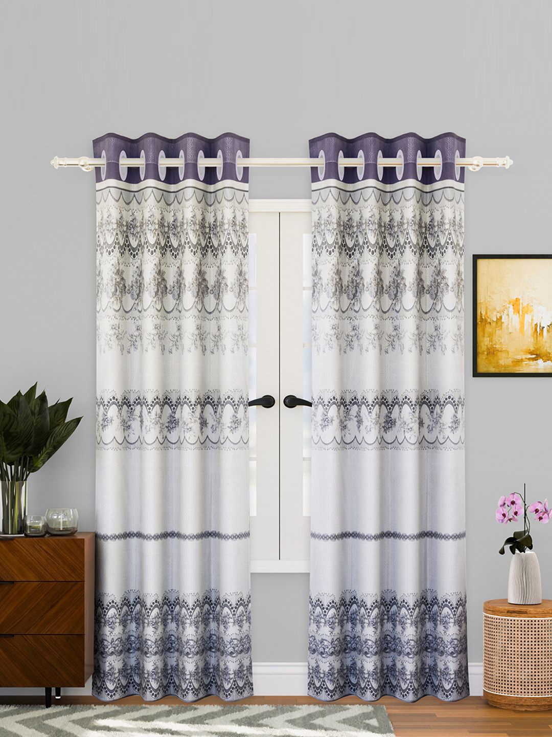 

Kuber Industries Cream & Grey 2 Pieces Ethnic Motifs Printed Eyelet Cotton Door Curtains