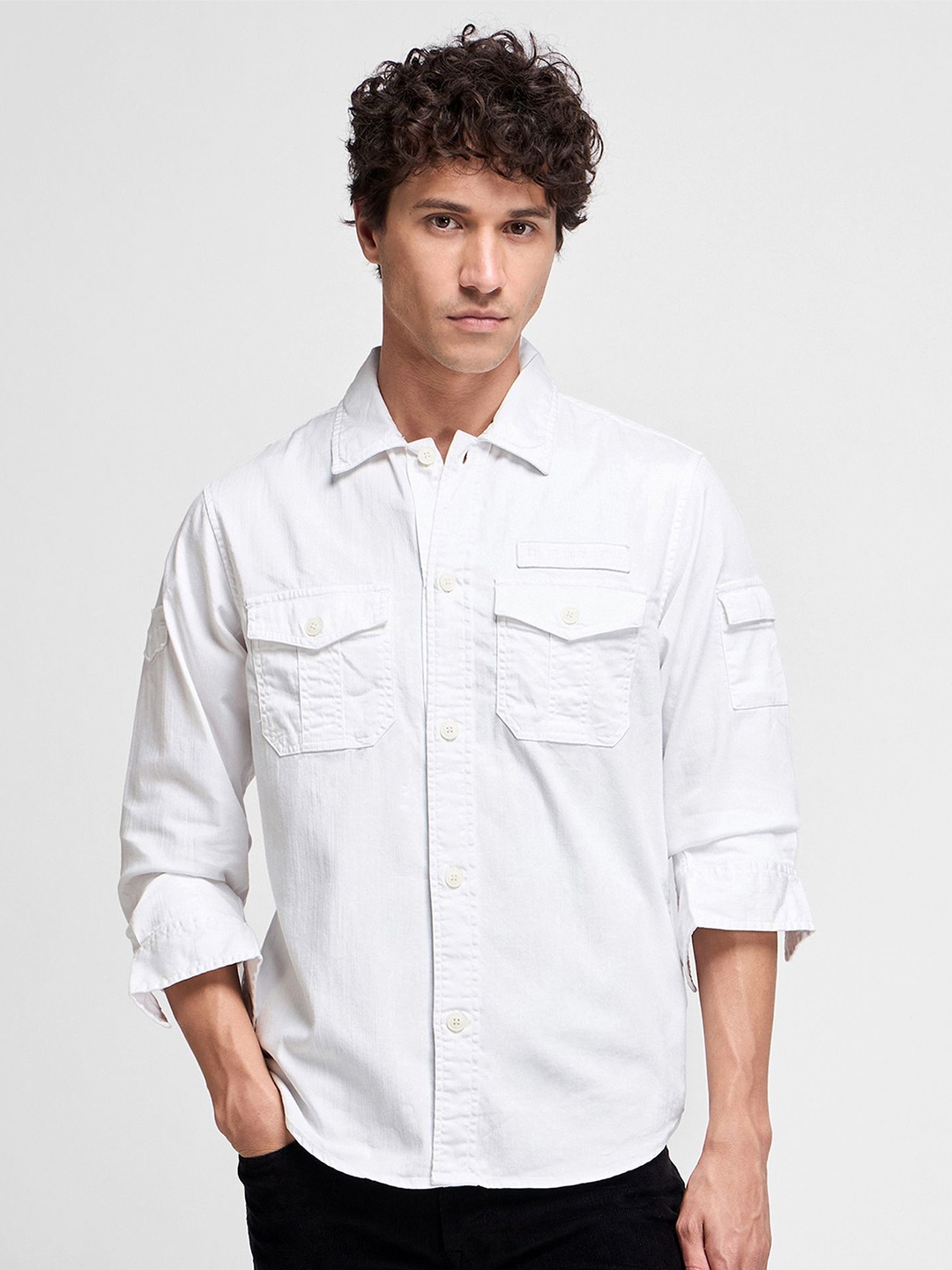 

Red Flame Men Spread Collar Solid Cotton Casual Shirt, White