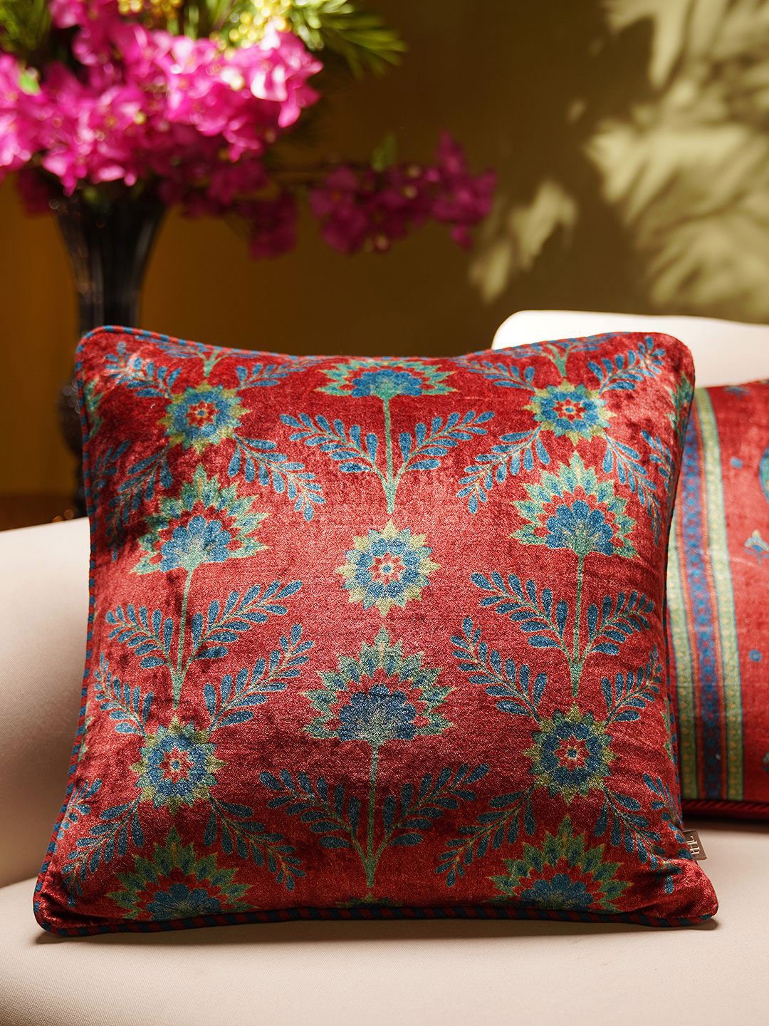 

Pure Home and Living Red & Blue Floral Printed Velvet Square Cushion Cover