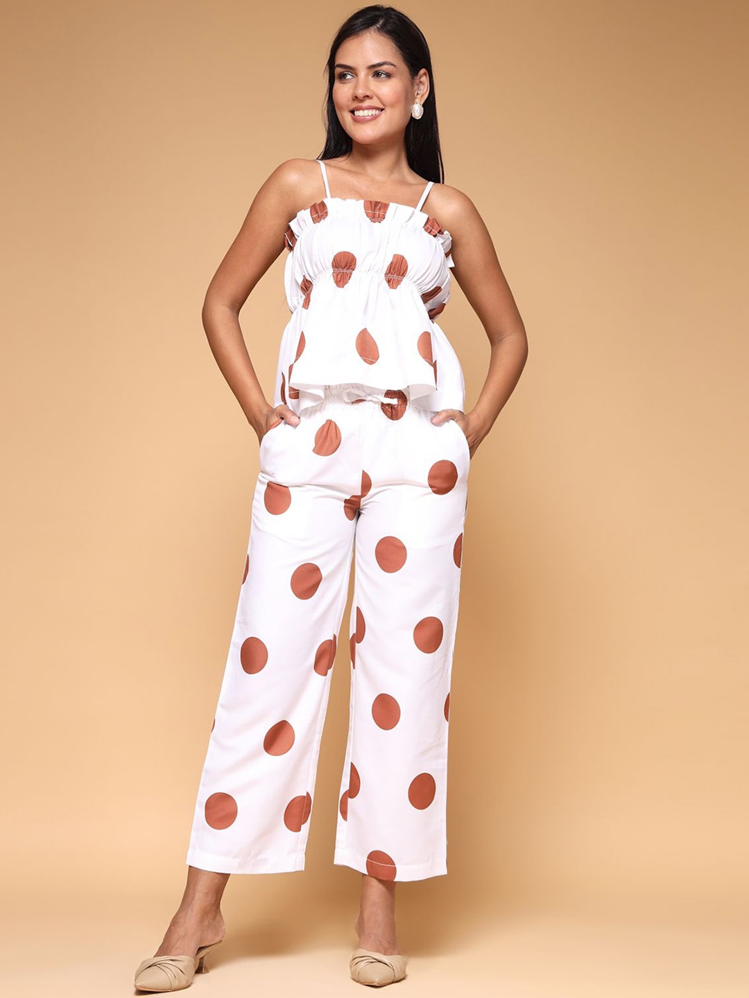 

KATLINE Printed Shoulder Strap Neck Top With Trousers, White