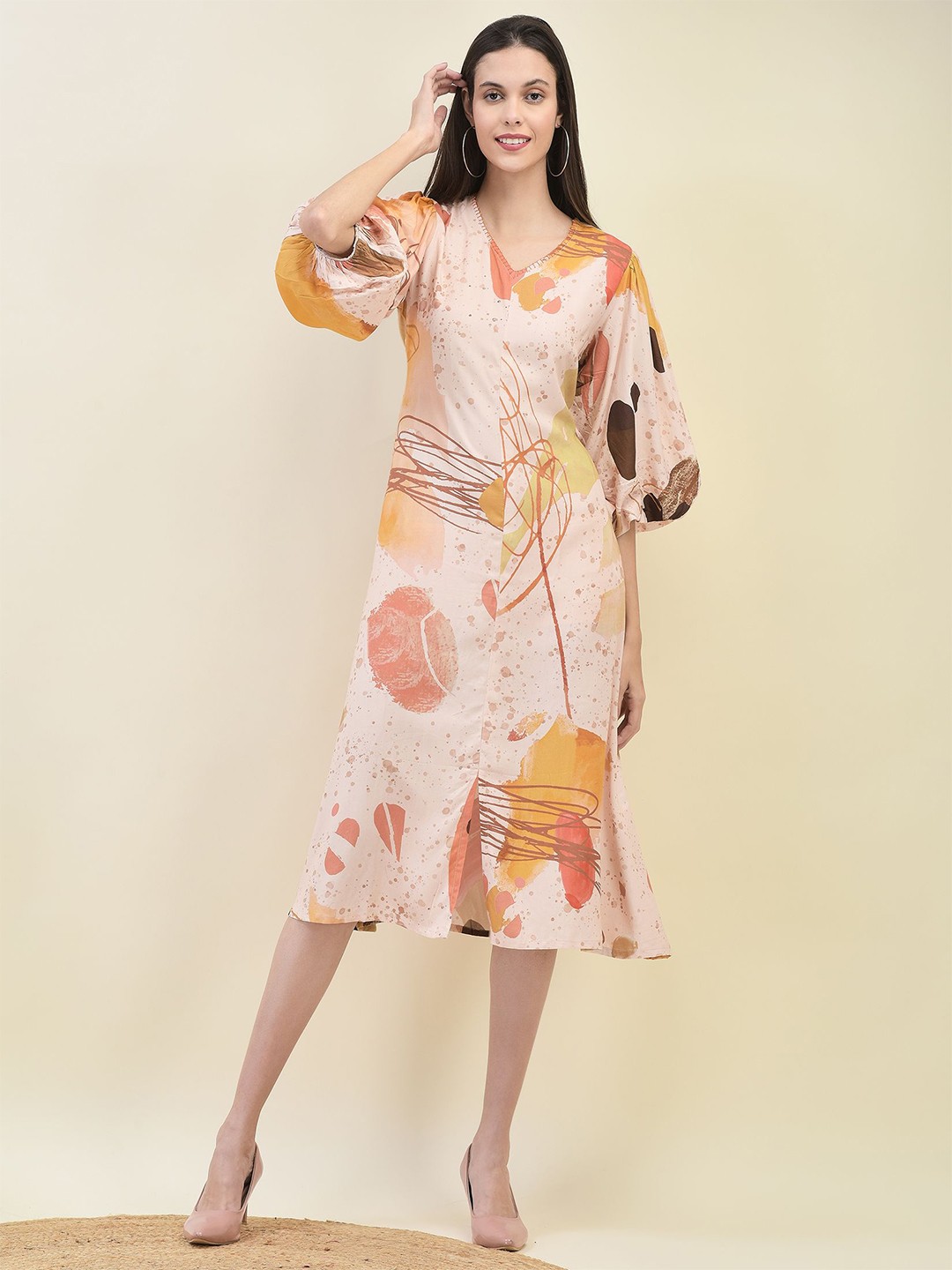 

Shree Women Printed Puff Sleeve A-Line Dress, Beige