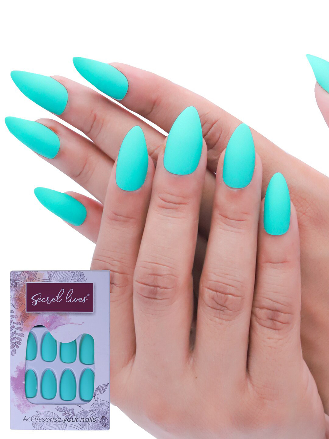 

Secret Lives Set of 24 Plain Matte Fake Nail Extensions - Aqua Green, Turquoise blue
