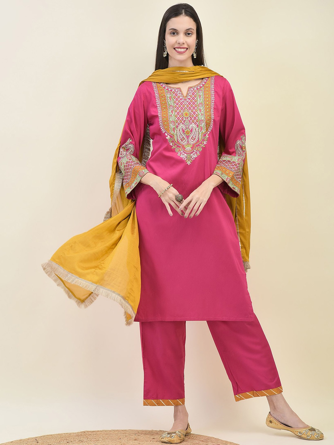 

Shree Floral Embroidered Regular Liva Straight Kurta With Trouser With Dupatta, Fuchsia