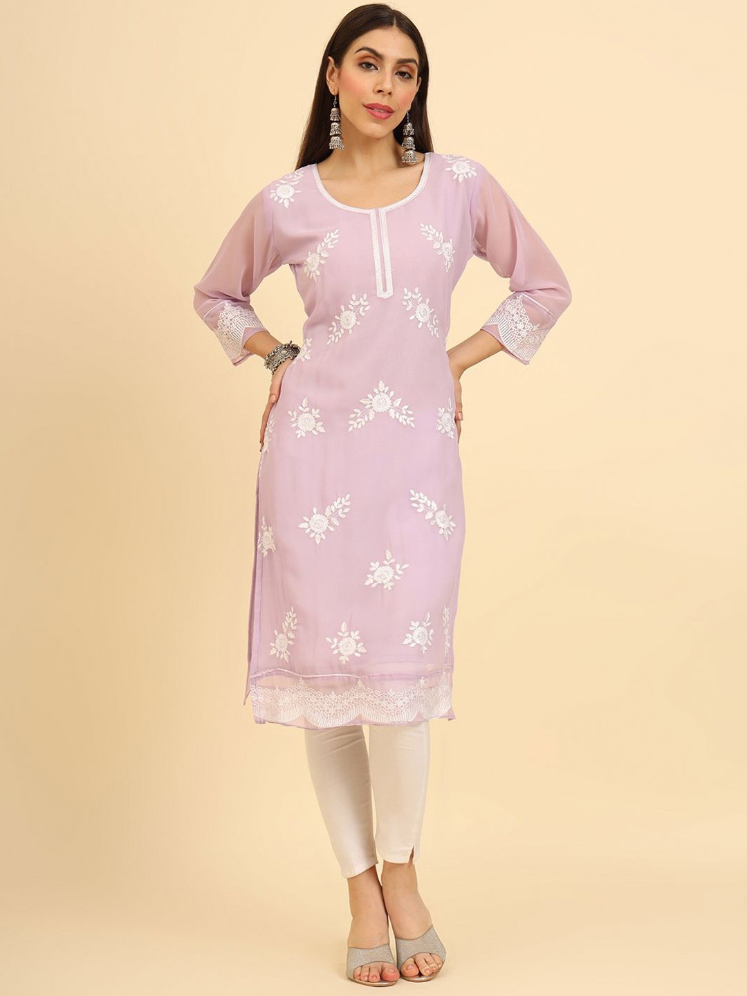 

HERE&NOW Lavender Floral Embroidered Thread Work Georgette Straight Kurta