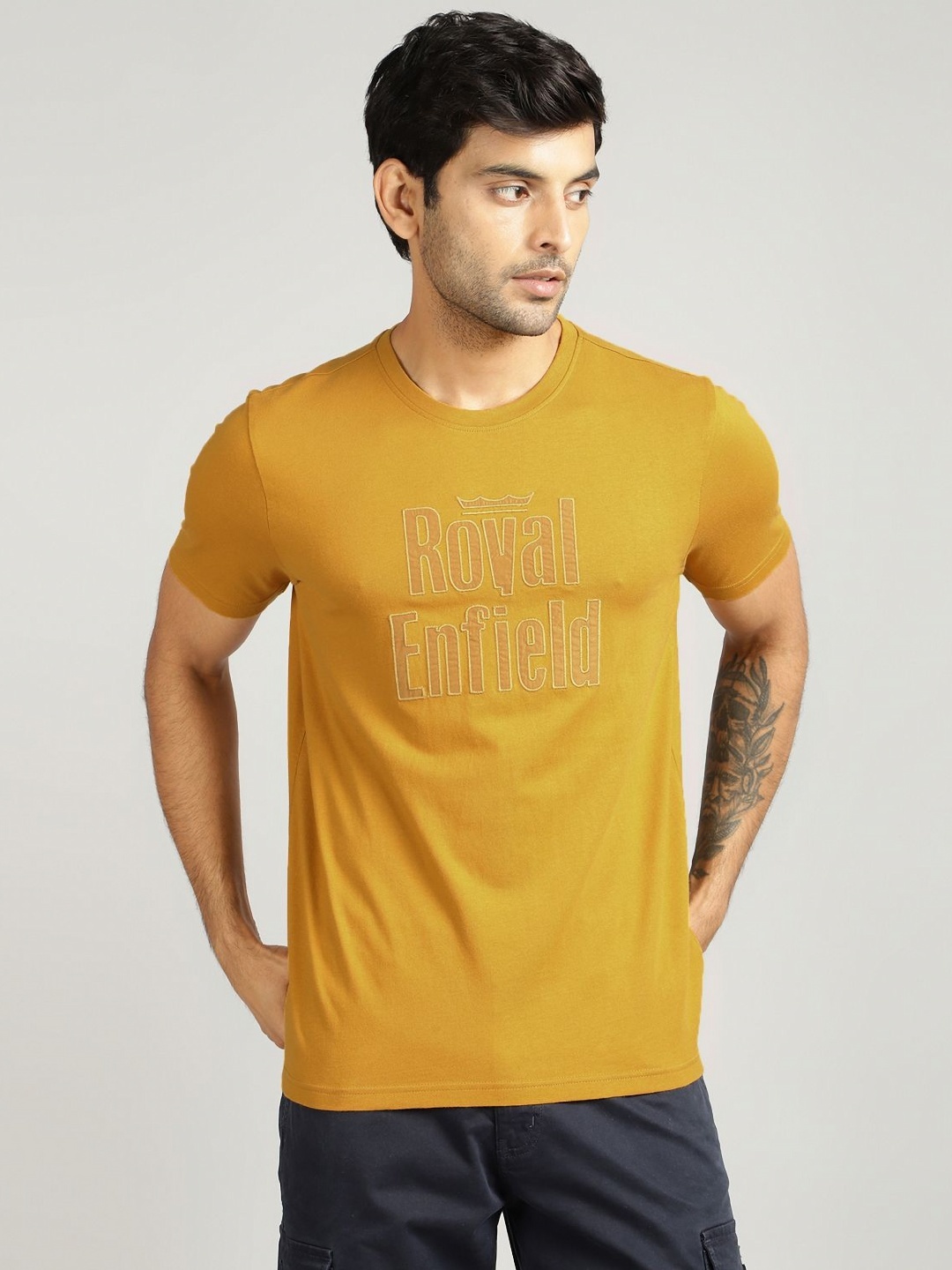 

Royal Enfield Men Graphic Printed Round Neck Cotton T-shirt, Mustard