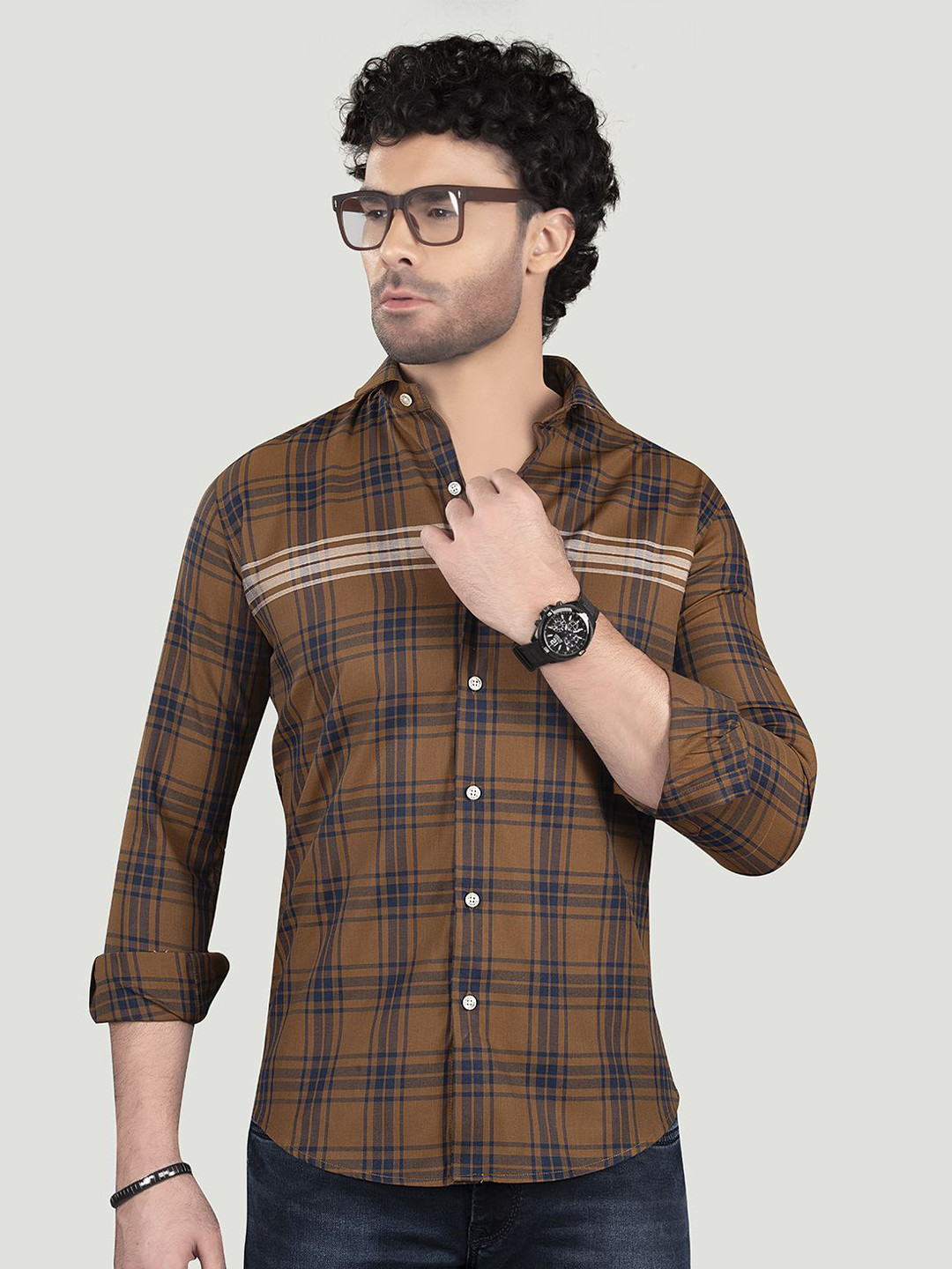 

ALMATY Men Comfort Spread Collar Checked Cotton Slim Fit Casual Shirt, Brown