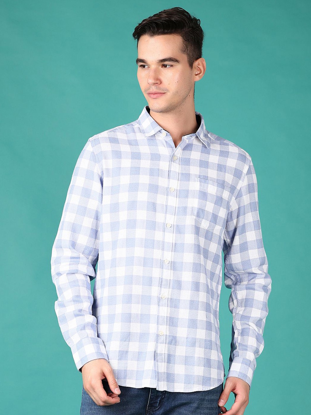 

V-Mart Men Spread Collar Gingham Checked Cotton Casual Shirt, Blue