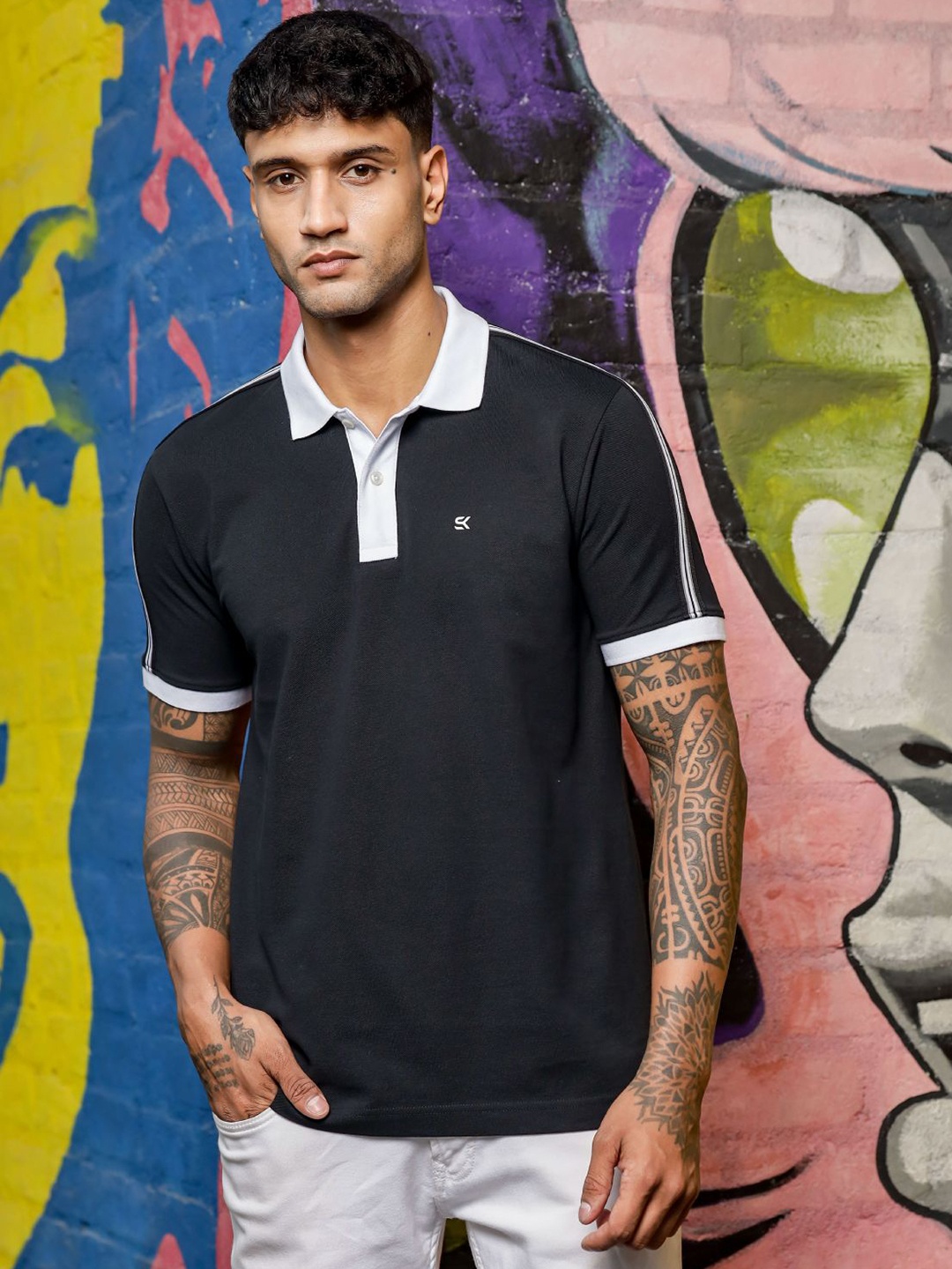 

ONE SKY Men Polo Collar Applique T-shirt, Black