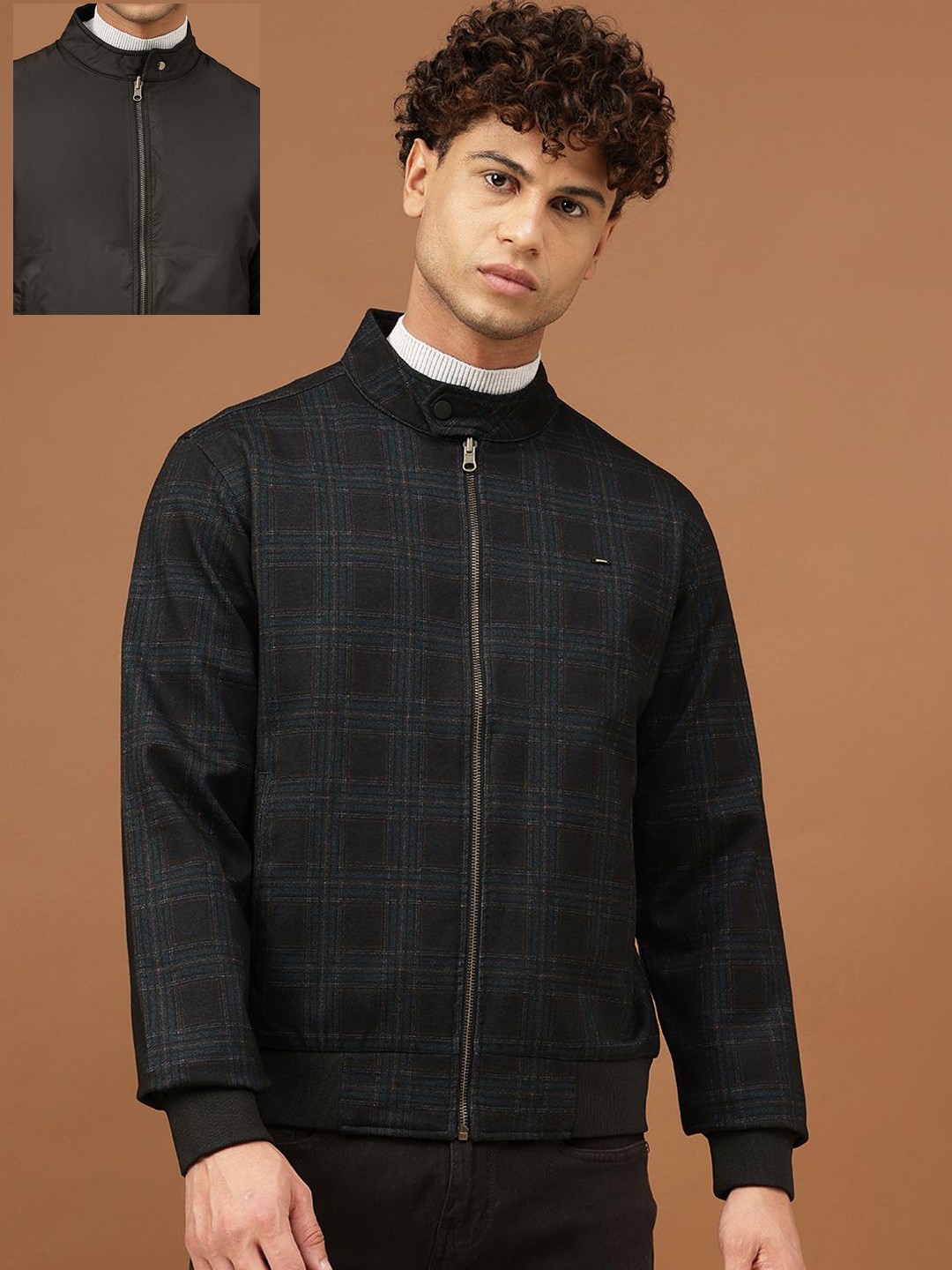 

Richlook Men Mock Collar Checked Casual Bomber Reversible Jacket, Navy blue